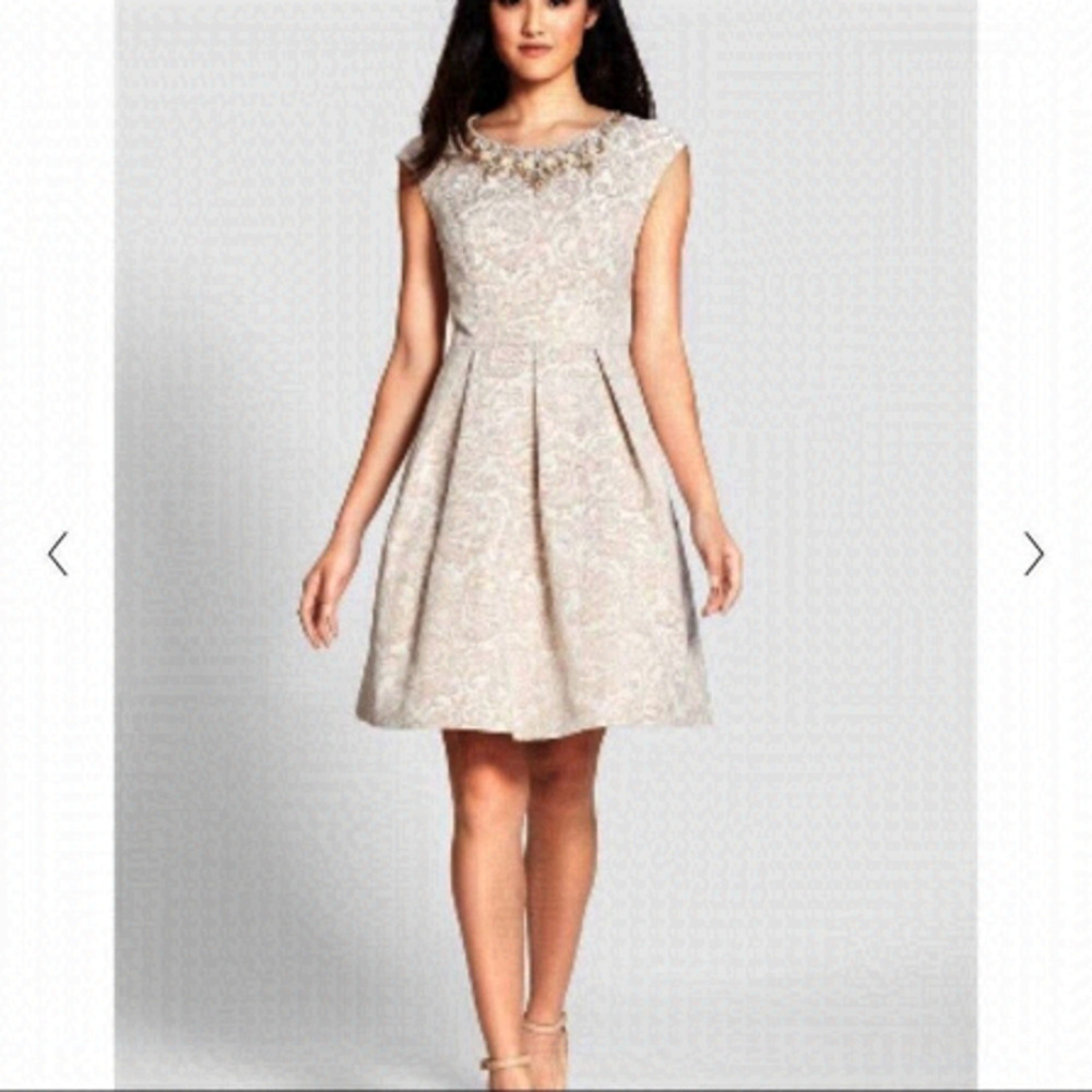 ELIZA J Cream Rose Gold Tapestry A-Line Dress Gems Sz 10i